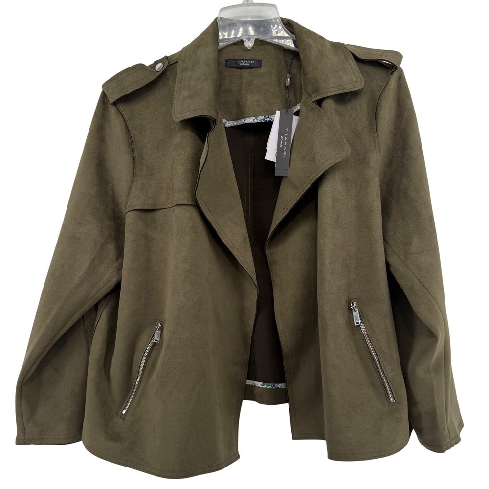 NWT Tahari Woman Faux Suede Leather Drape Front Waterfall Jacket Olive Green 2X
